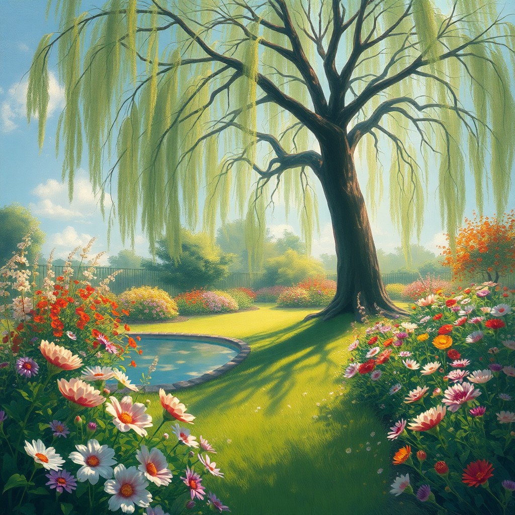 AI generated art for prompt: Envision an idyllic, peaceful garden reminiscent of impressionist masterpieces, where an abundance o