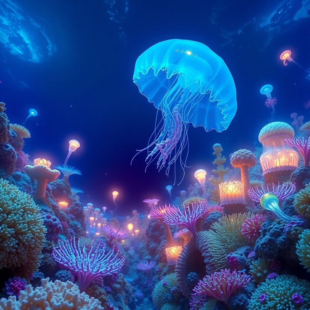 AI generated art for prompt: A captivating digital artwork portraying an alluring underwater vista observed from a jellyfish's vi