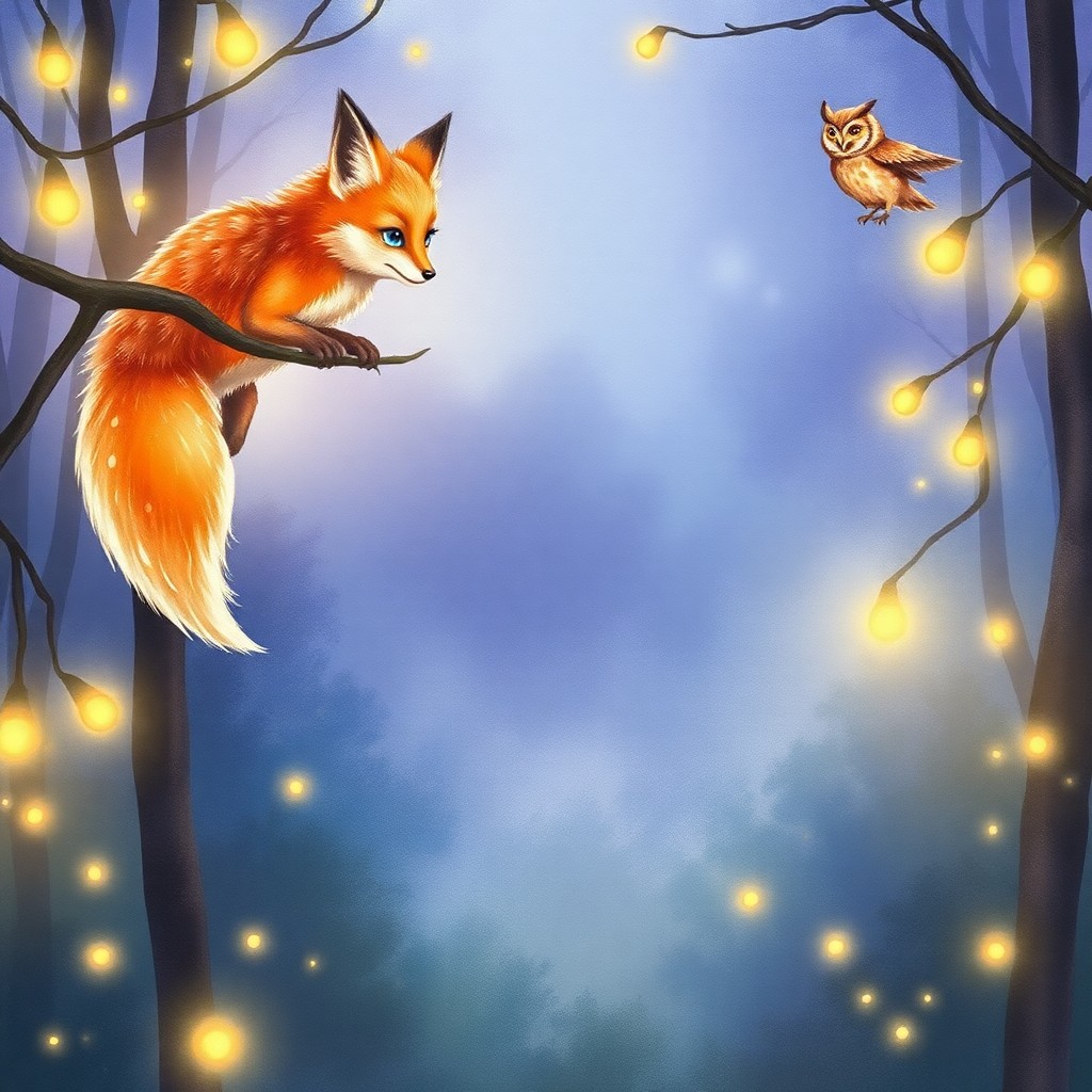 AI generated art for prompt: An enchanting watercolor scene showcases an anthropomorphic fox woman drifting effortlessly through 