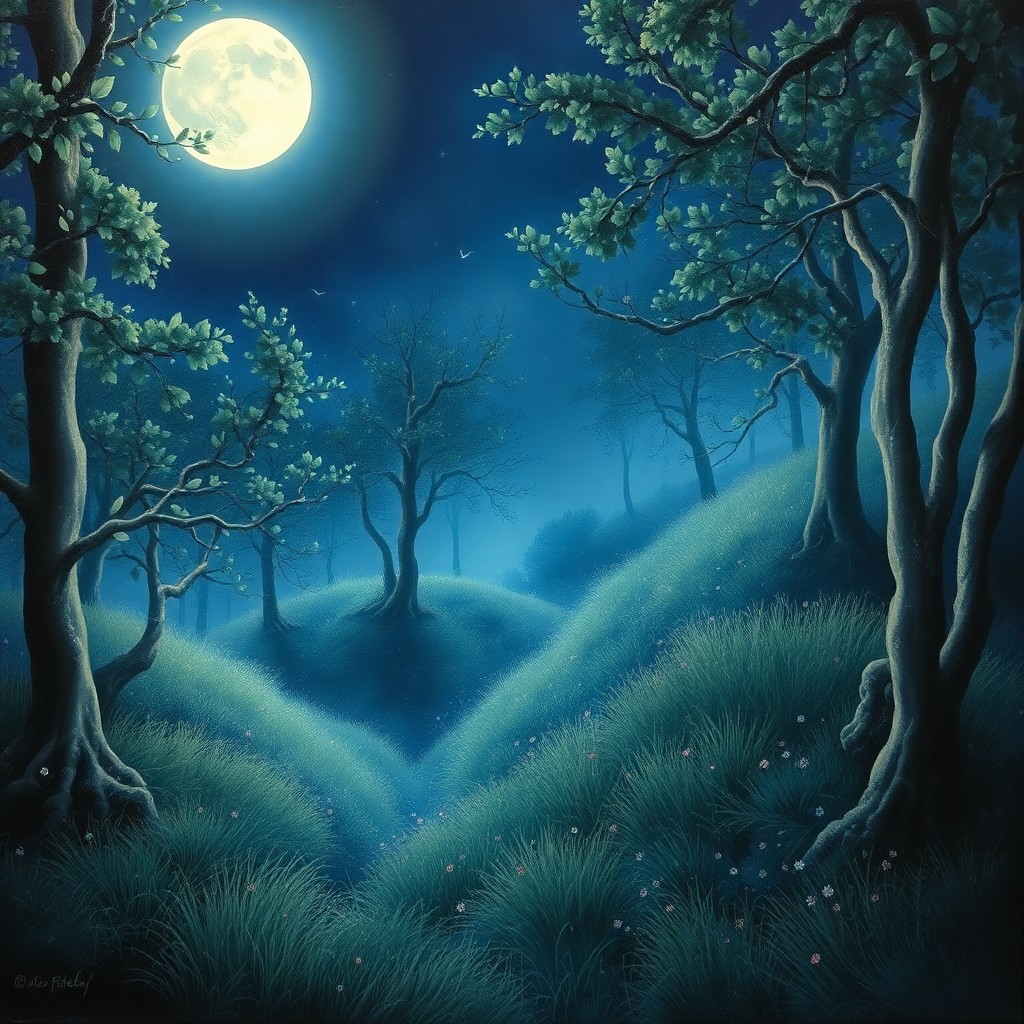 AI generated art for prompt: An enchanting oil painting captures the serene beauty of a moonlit night in an otherworldly forest, 