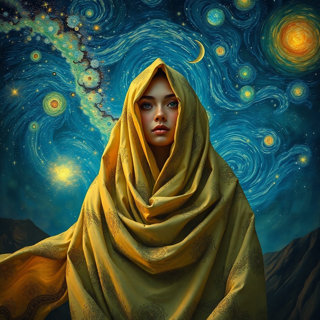 AI generated art for prompt: A captivating portrait in the style reminiscent of Van Gogh's celestial masterpiece, featuring an en