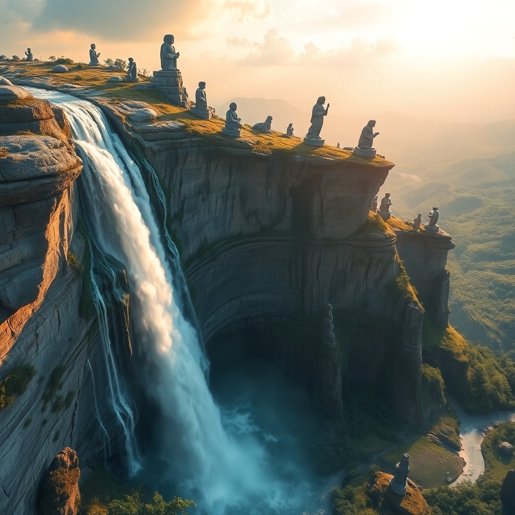 AI generated art for prompt: Imagine an enchanting landscape reminiscent of surrealist dreamscape art, where a grand waterfall tu