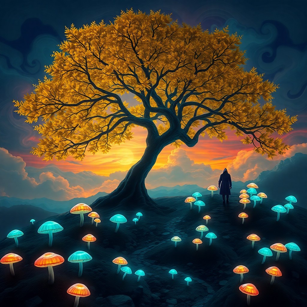 AI generated art for prompt: Envision an enchanting landscape where a majestic tree, its leaves shimmering like gold, stands out 