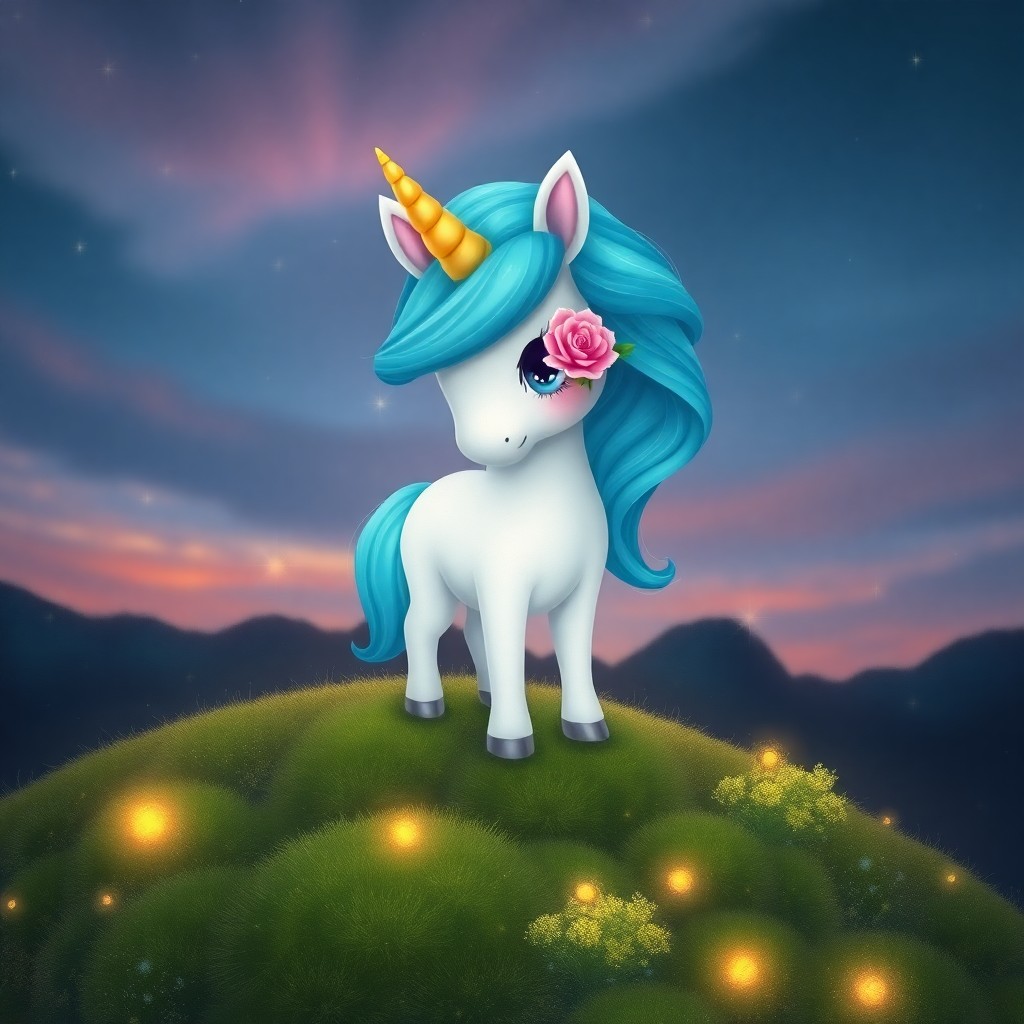 AI generated art for prompt: A whimsical digital art portrait depicting an enchanting unicorn with a mesmerizing azure mane and a