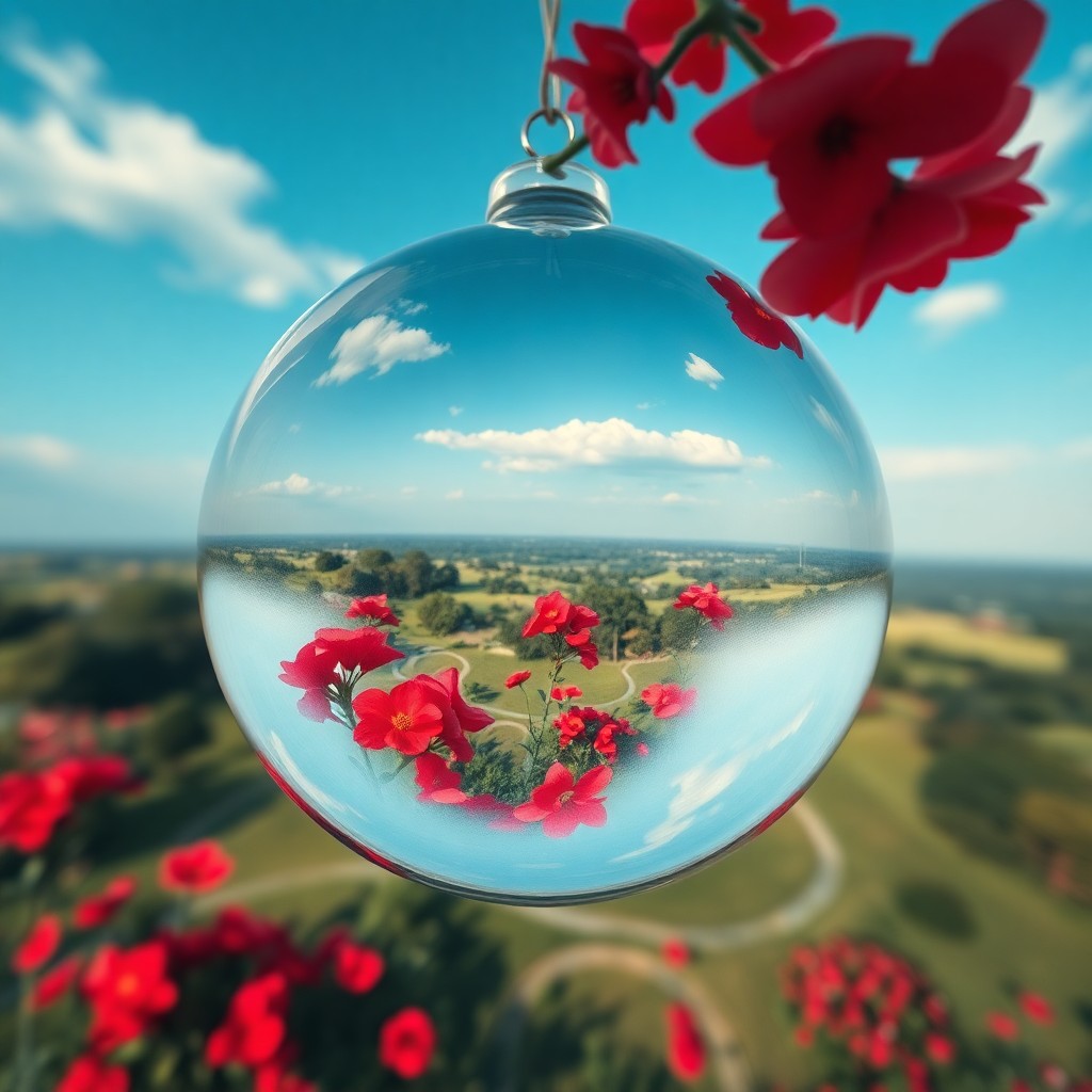 AI generated art for prompt: Craft an image showcasing surrealism with an aerial perspective of a tranquil garden, featuring lush