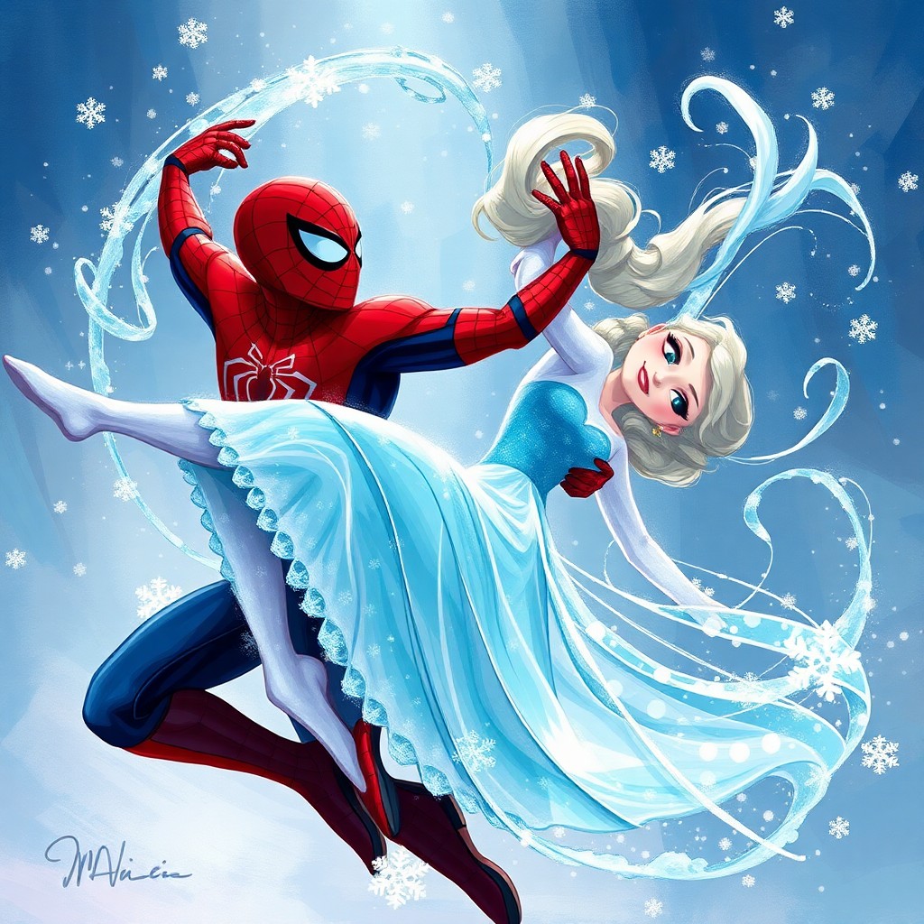 AI generated art for prompt: Envision a captivating scene where Spider-Man and Elsa from Frozen come together in an enchanting em