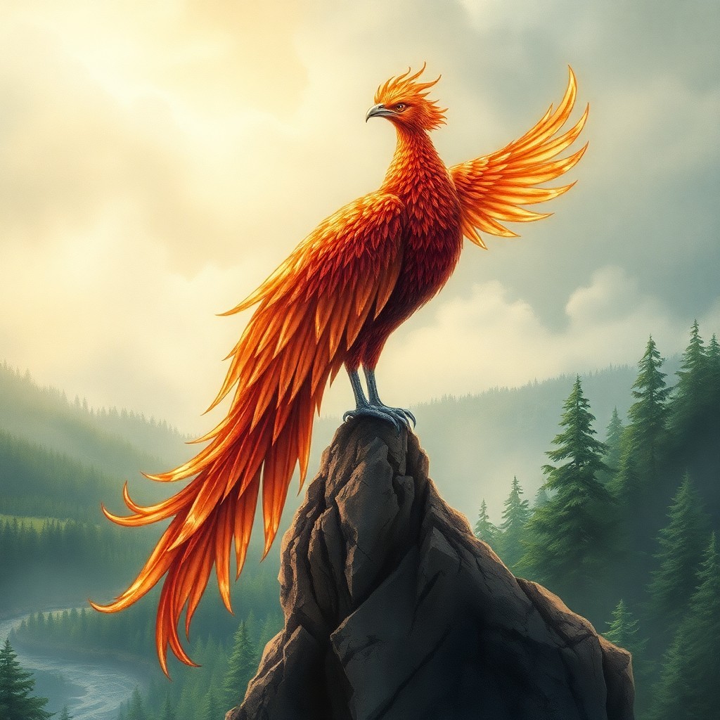 AI generated art for prompt: Imagine a mesmerizing fantasy scene with an elegant phoenix perched atop a craggy outcrop, reminisce