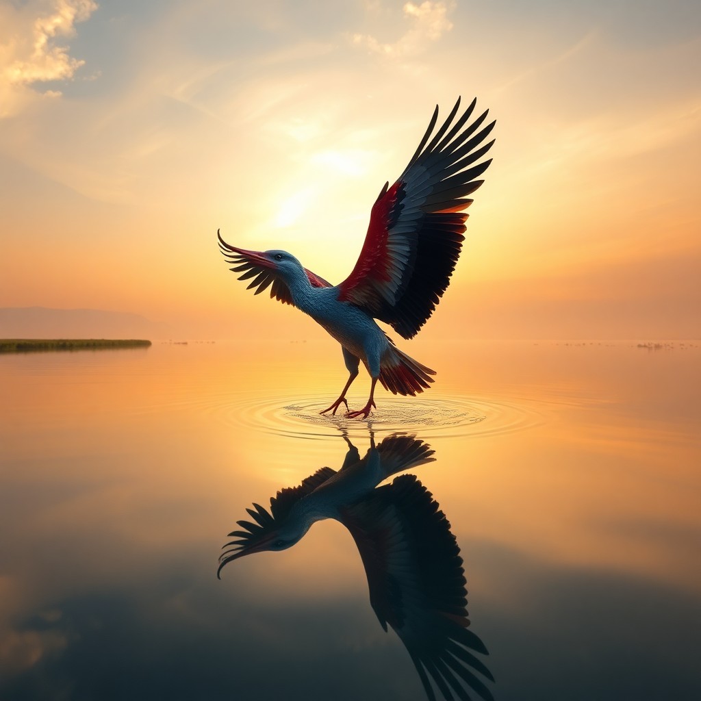 AI generated art for prompt: Envision a stunning digital artwork capturing a magnificent avian figure as it ascends from a peacef