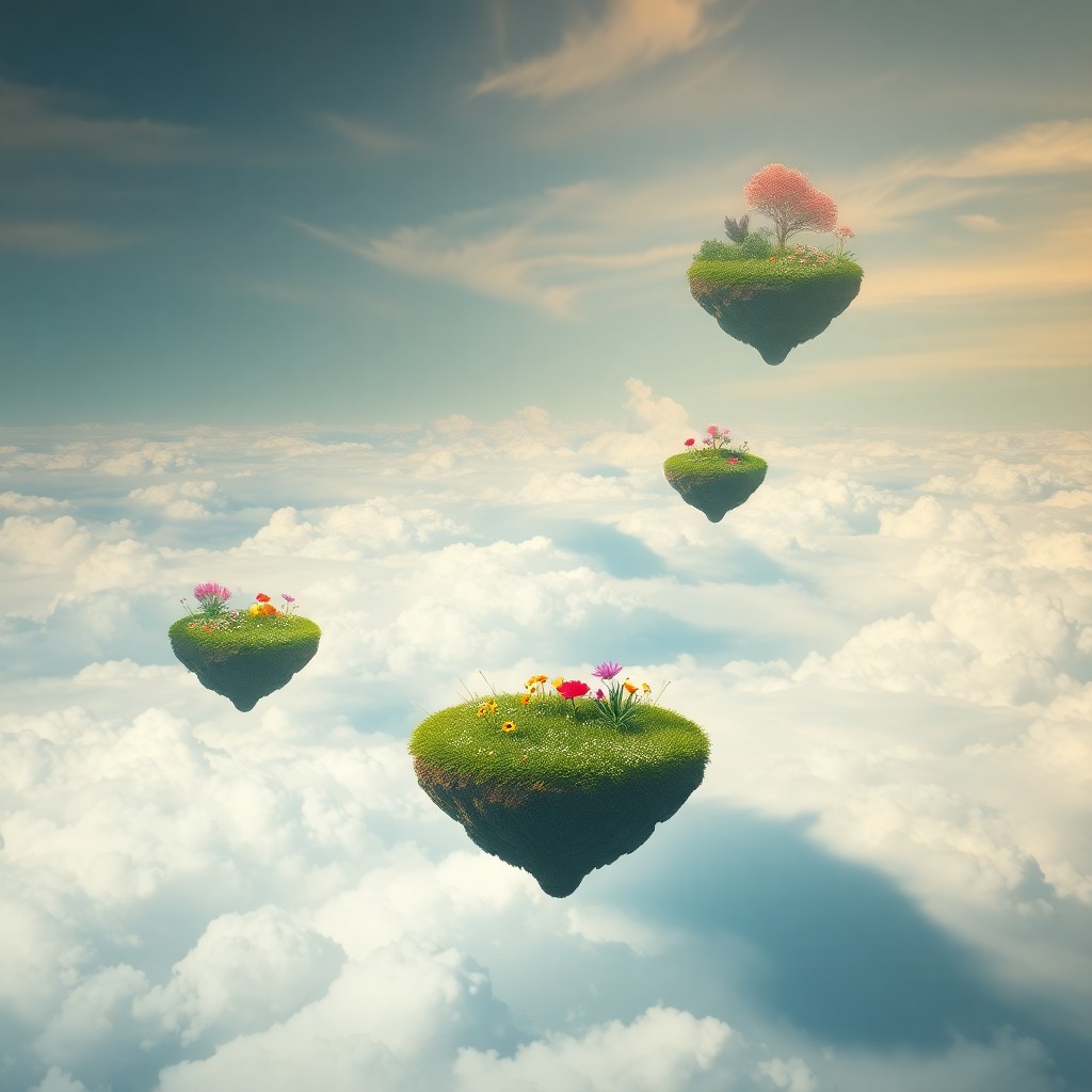 AI generated art for prompt: A dreamlike landscape captures the essence of surrealism, depicting a tranquil meadow adrift in mid-