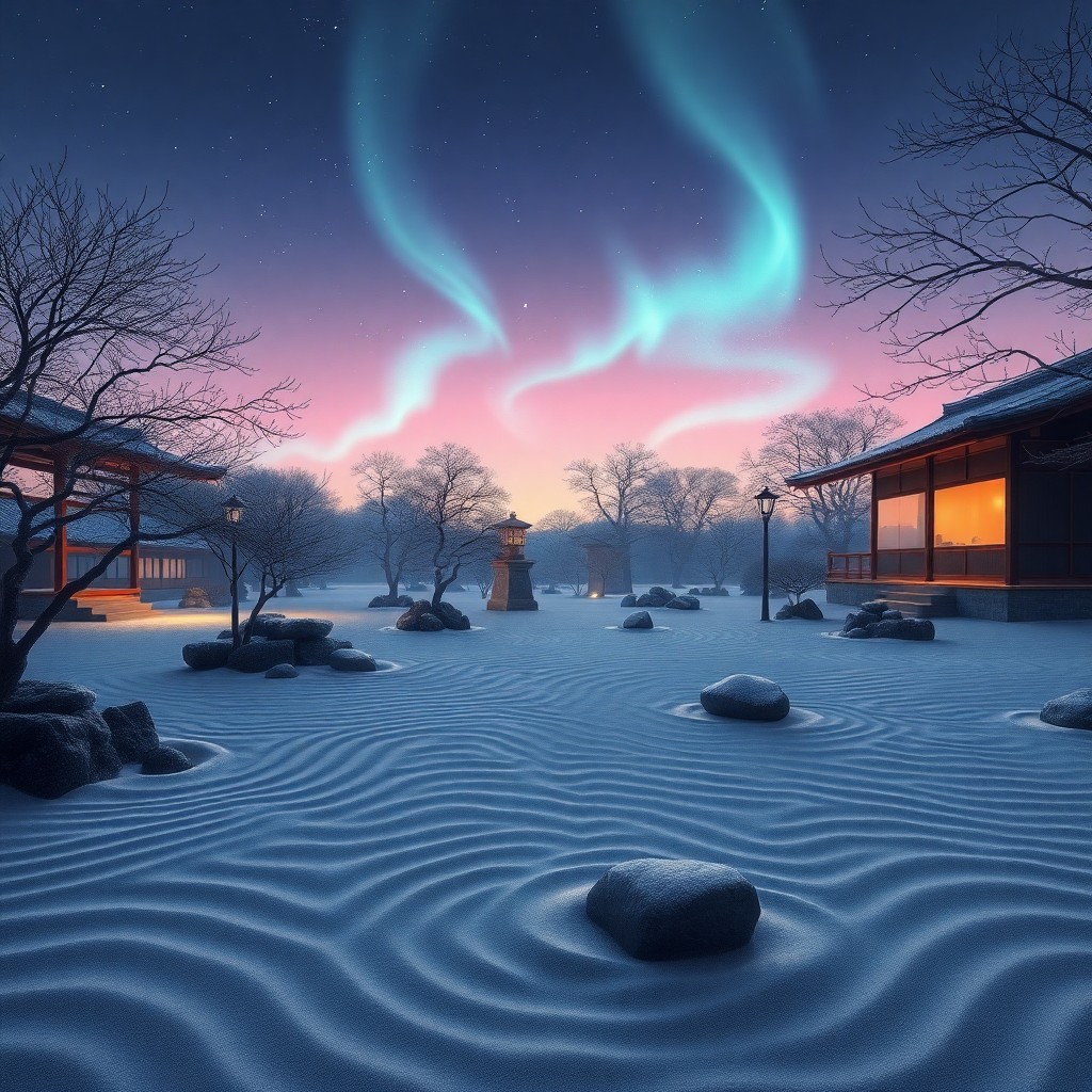 AI generated art for prompt: Imagine an enchanting Zen garden in Japan bathed in the soft glow of dusk, with a mesmerizing displa