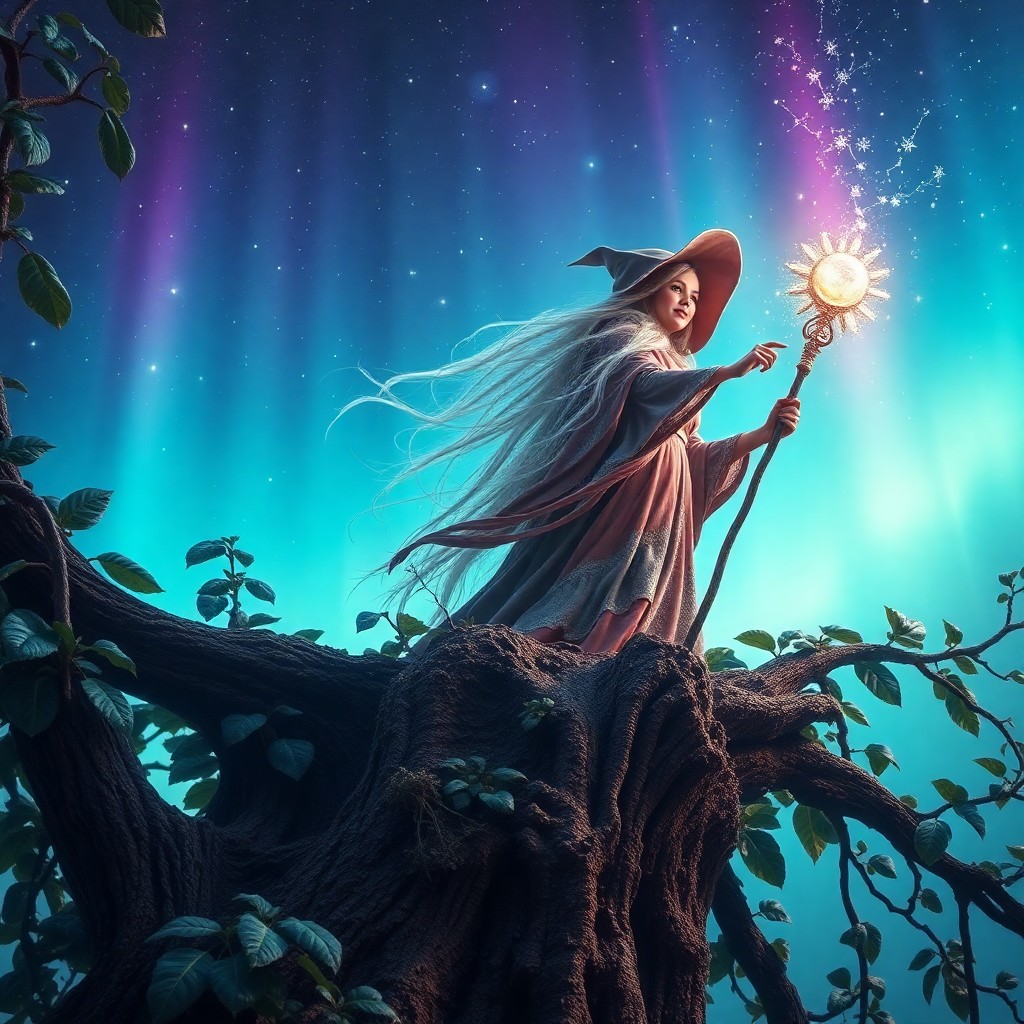 AI generated art for prompt: Imagine an enchanting scene where a young witch with flowing silver hair stands atop a towering anci