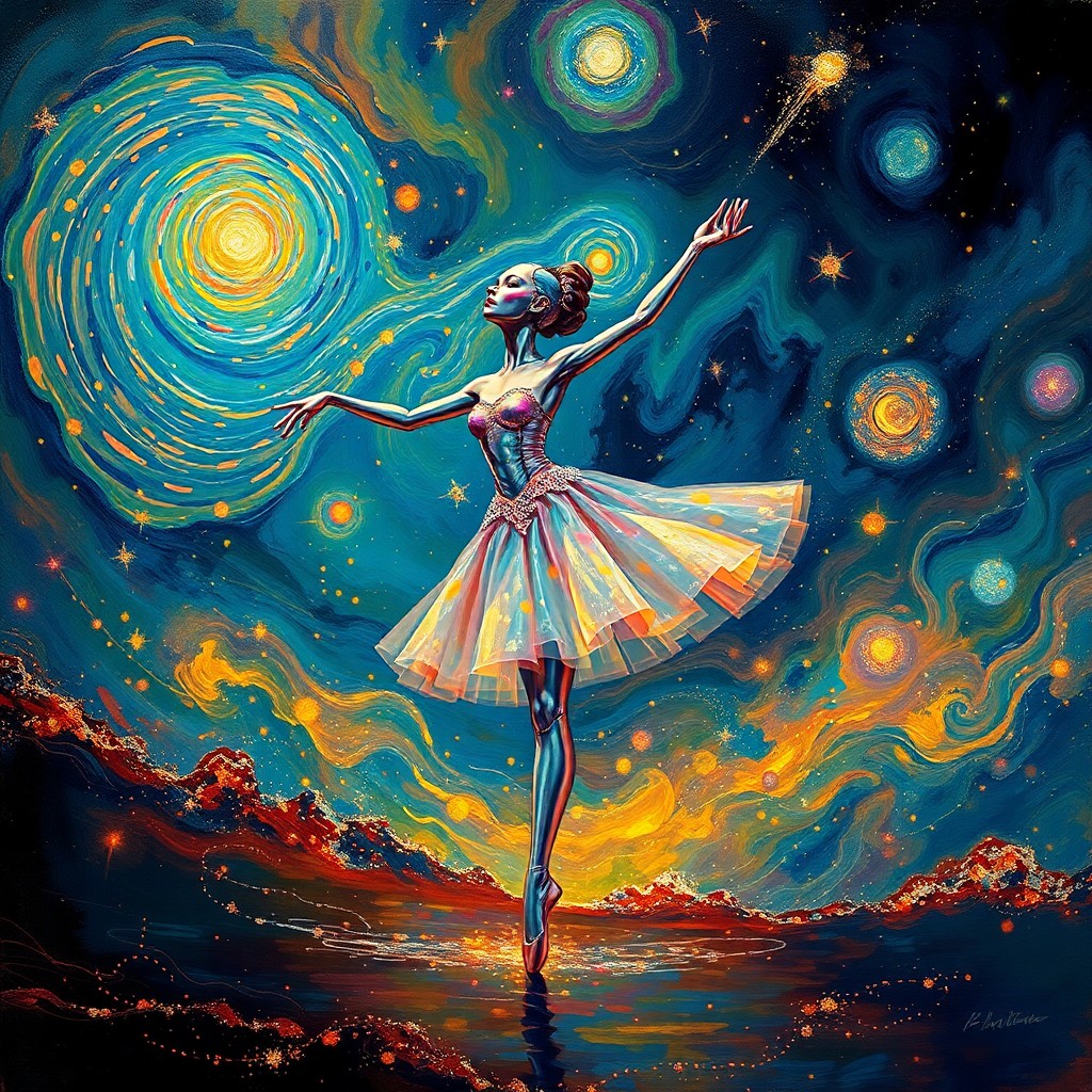 AI generated art for prompt: A celestial ballet unfolds in an exuberant artistic style characterized by swirling patterns and vib