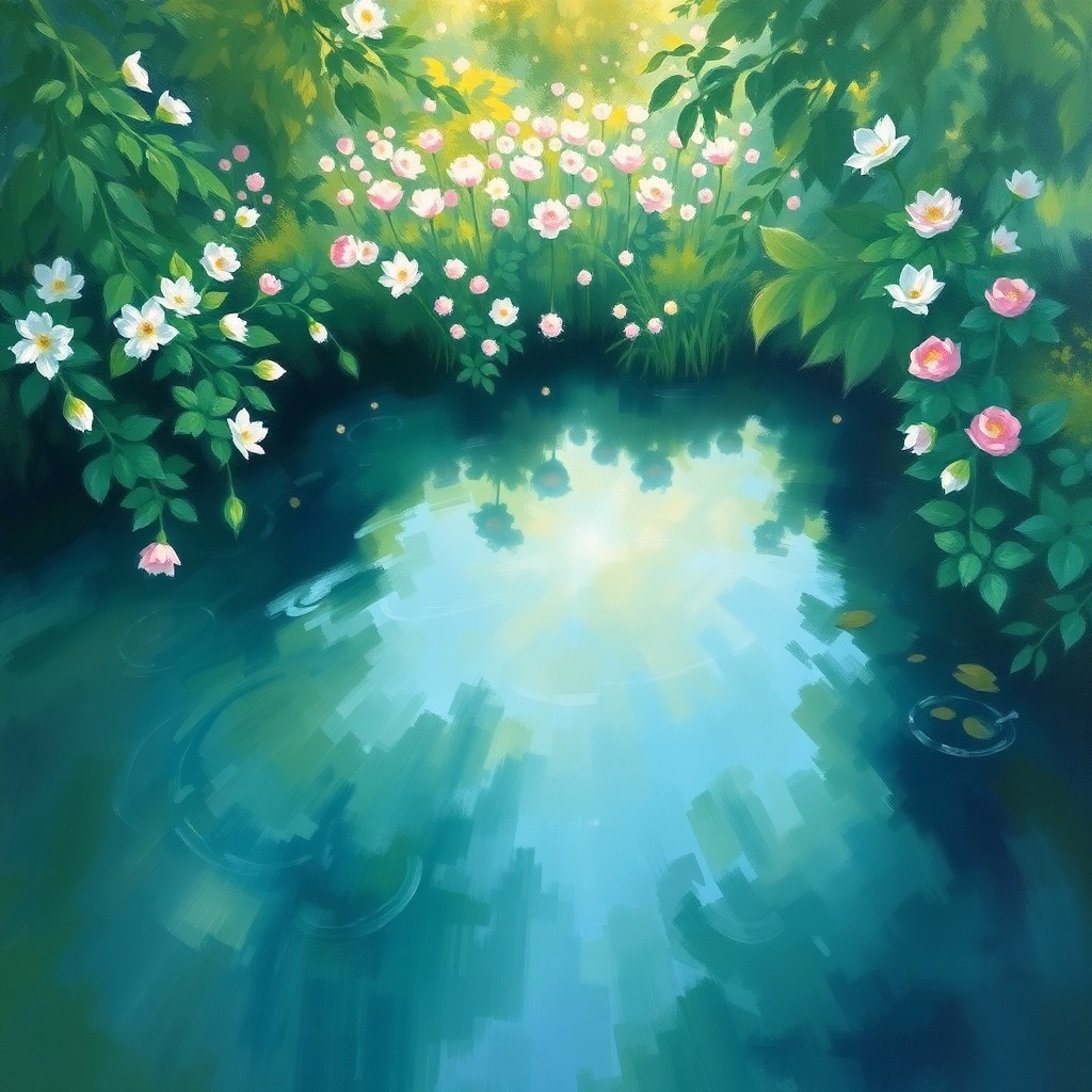 AI generated art for prompt: An alluring scene reminiscent of Monet's ethereal pond landscapes, this image captures an enchanting