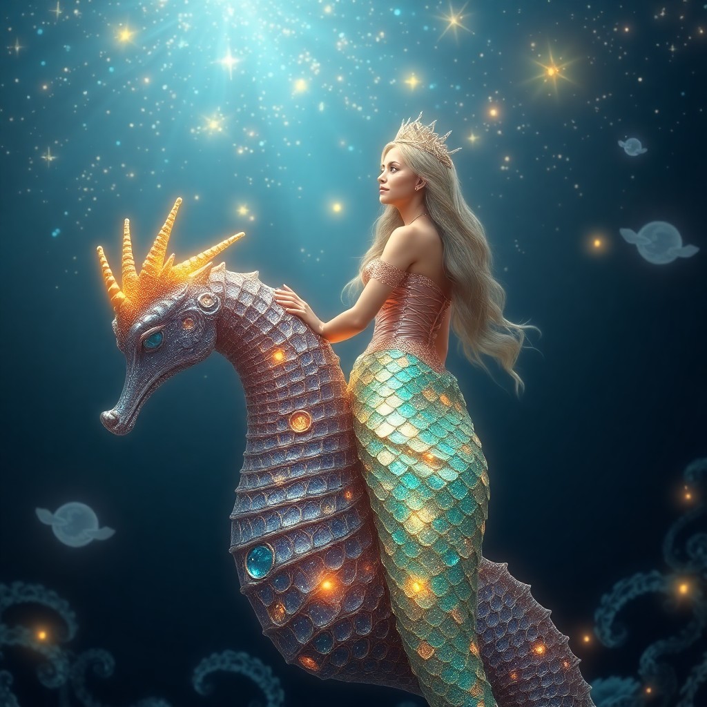 AI generated art for prompt: A mesmerizing digital artwork depicts a whimsical mermaid princess adorned in iridescent scales that