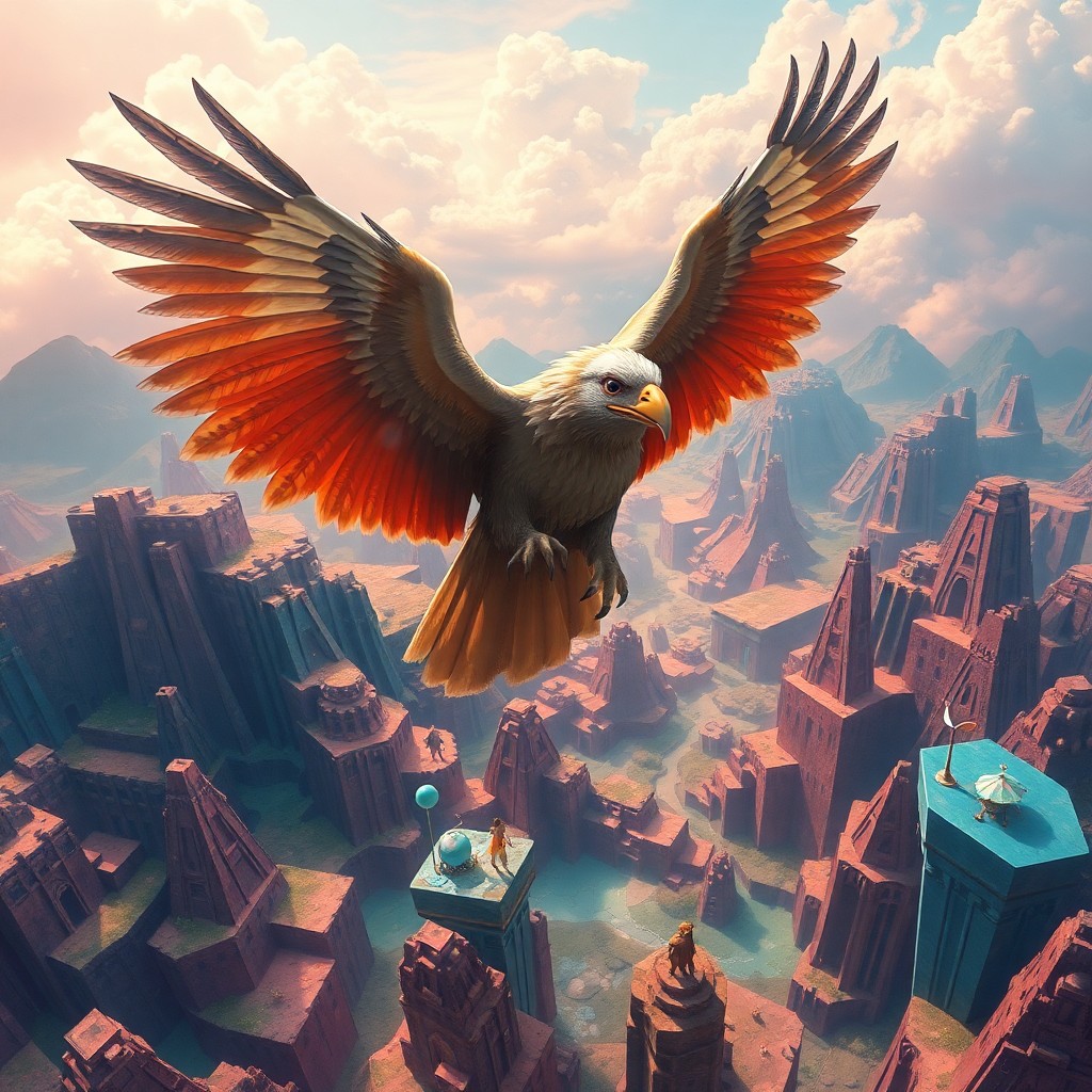 AI generated art for prompt: A mesmerizing digital artwork depicting a curious griffin soaring through a dreamlike landscape from