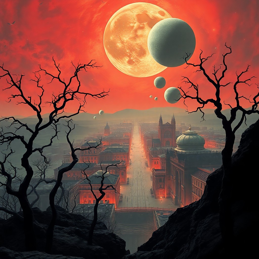 AI generated art for prompt: In the surrealistic style reminiscent of Dali's landscapes, an eerie moonscape unfolds with twisted,