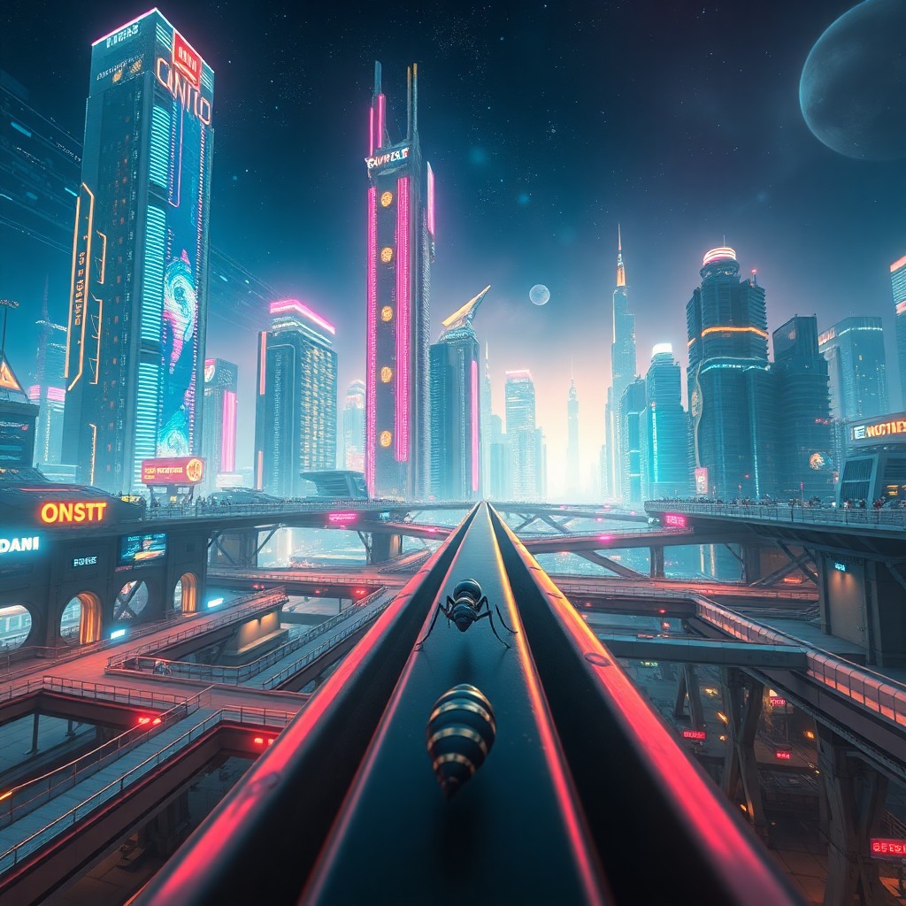 AI generated art for prompt: A surreal digital artwork portraying an bustling futuristic metropolis from a first-person ant's eye