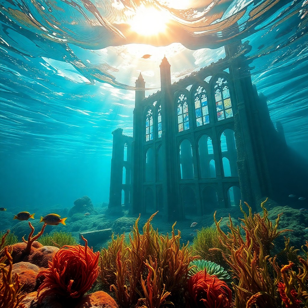 AI generated art for prompt: A dreamlike seascape captures the essence of surrealism, depicting an underwater cathedral amidst a 