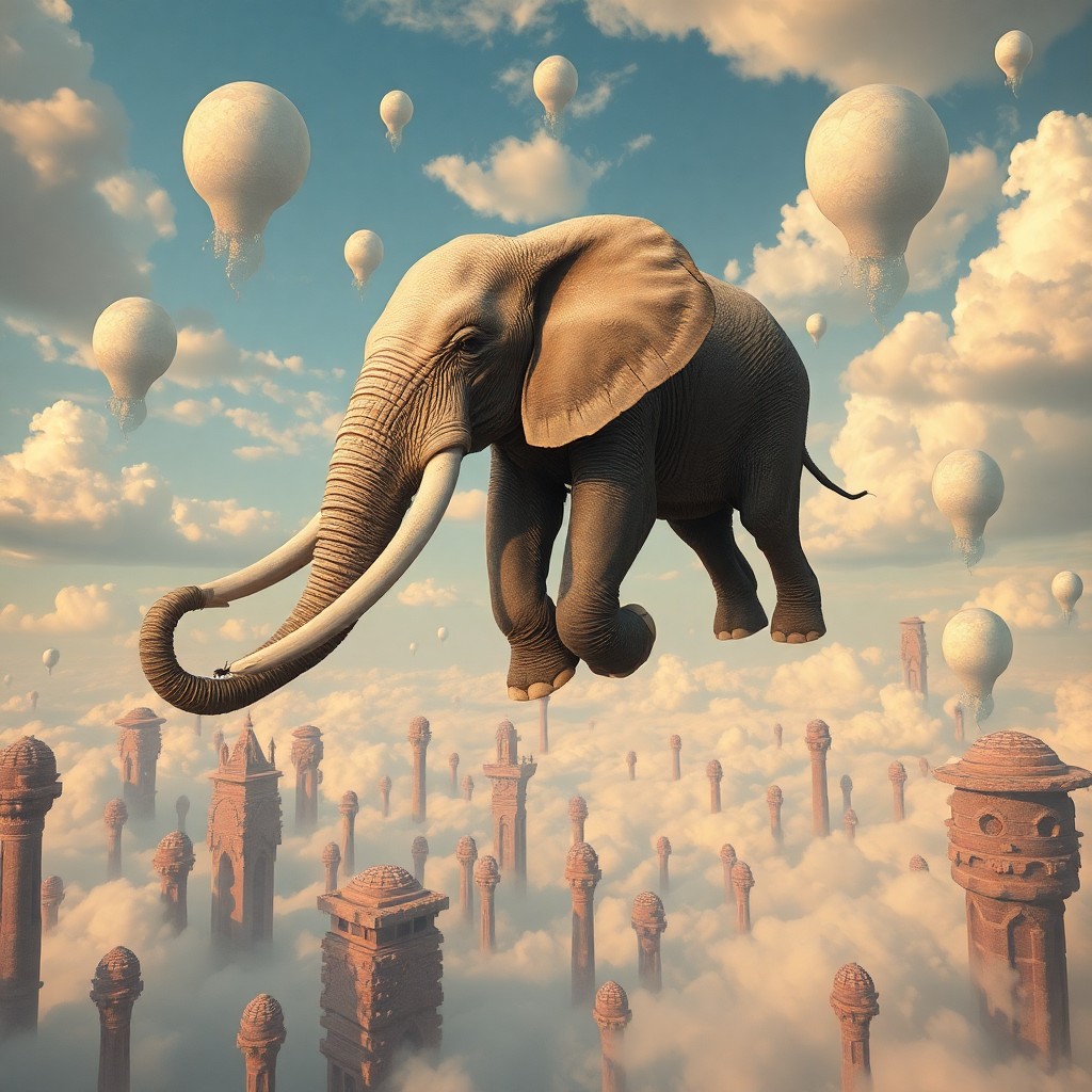 AI generated art for prompt: In the captivating realm of surrealism, visualize an awe-inspiring elephant gracefully soaring above