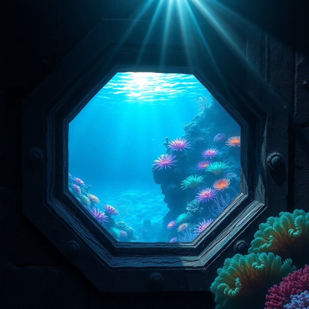 AI generated art for prompt: A mesmerizing digital art scene unveils an underwater realm through an antique octagonal window of a