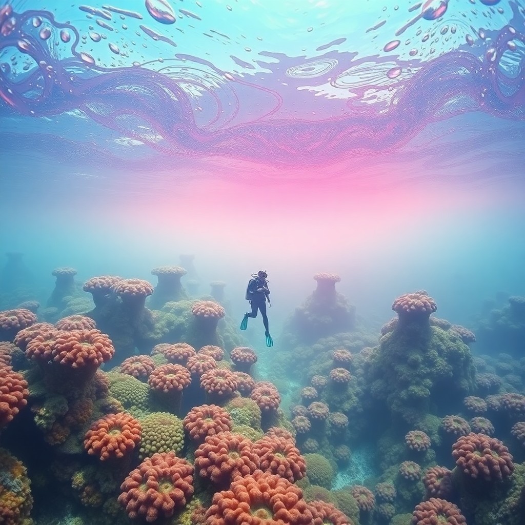 AI generated art for prompt: Picture an alluring underwater panorama where surreal landscapes rise from the depths in a dreamlike