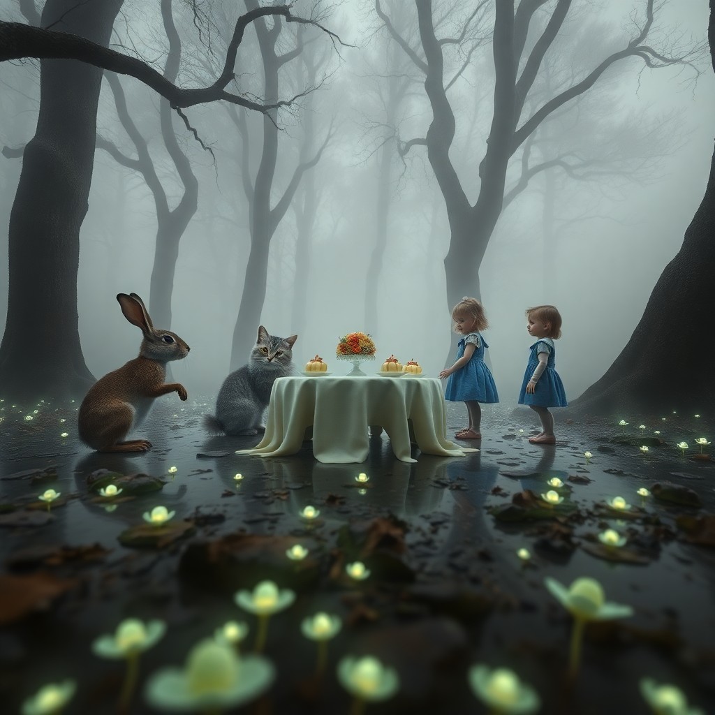 AI generated art for prompt: A surreal dreamscape emerges from a low-angle viewpoint, where a whimsical tea party unfolds amidst 