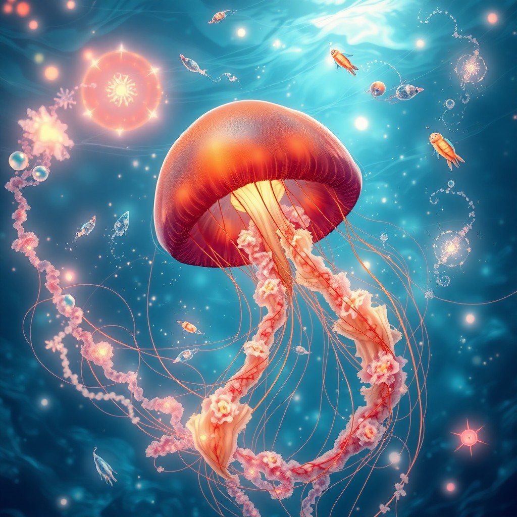 AI generated art for prompt: An enchanting digital artwork captures an idyllic underwater vista from the vantage point of a jelly