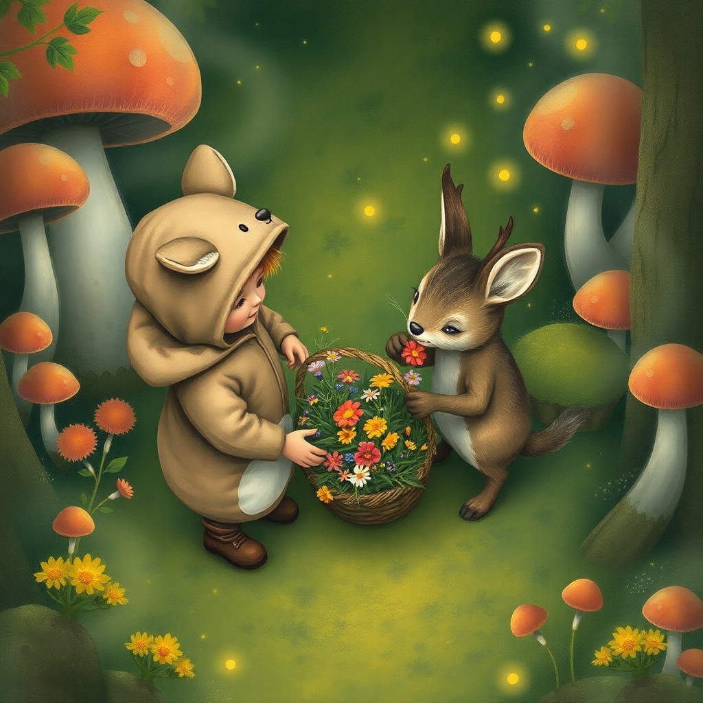 AI generated art for prompt: Craft an enchanting image in the whimsical style reminiscent of Beatrix Potter's illustrations, depi