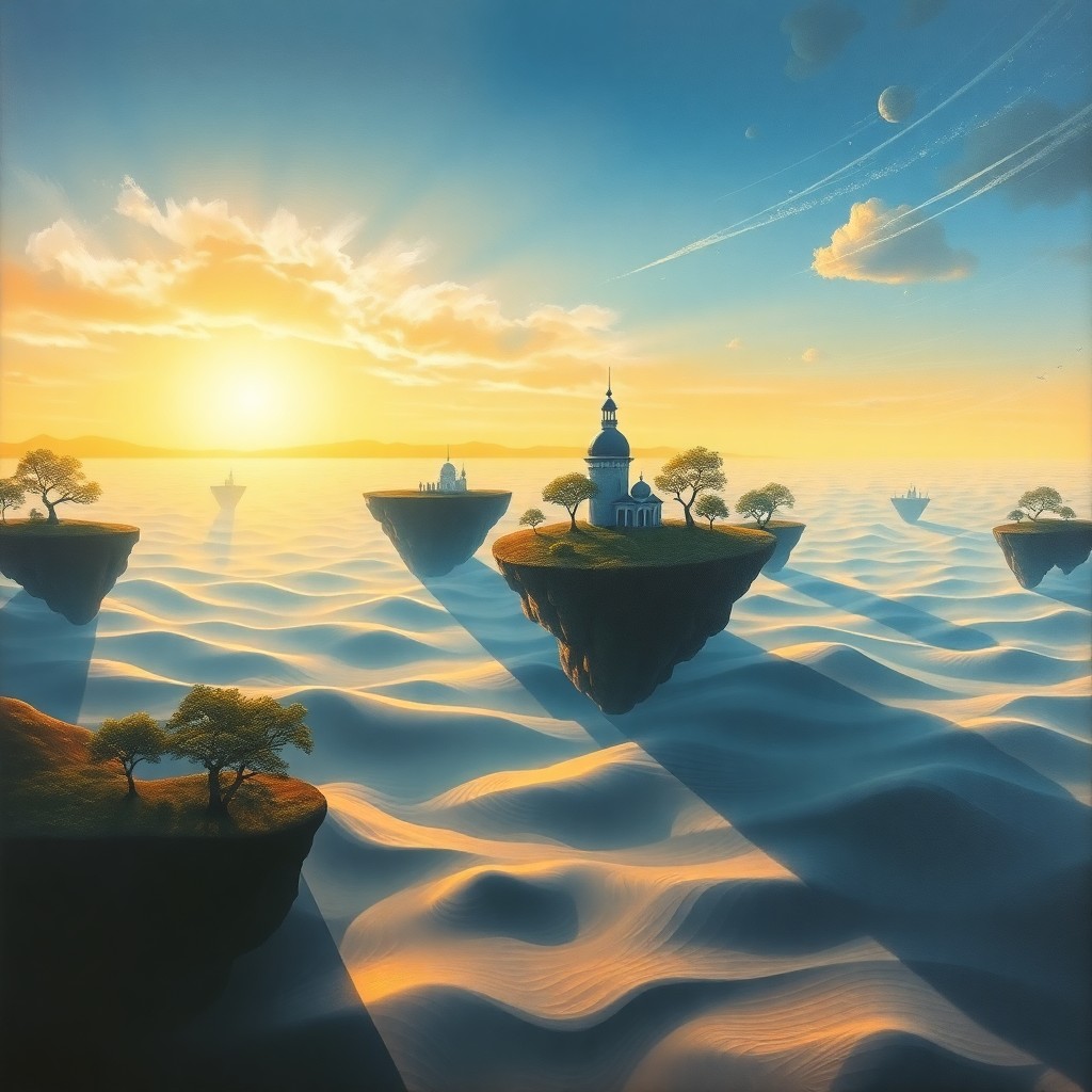 AI generated art for prompt: A mesmerizing oil painting captures the serene beauty of a surreal dreamscape from an aerial viewpoi