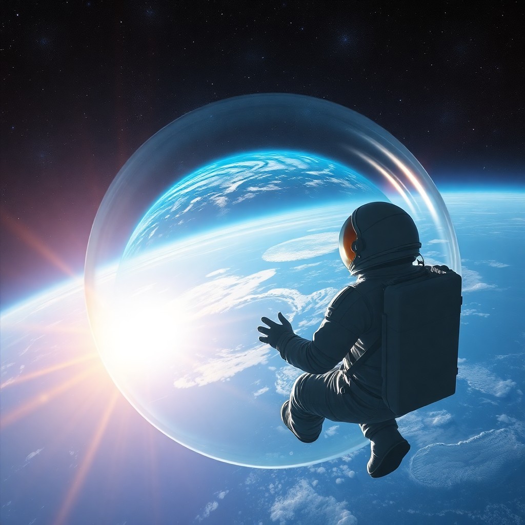 AI generated art for prompt: An astronaut floats in the vastness of space, gazing towards Earth from within a colossal crystal sp