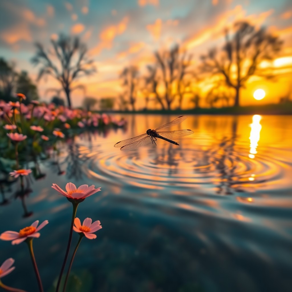 AI generated art for prompt: Imagine a serene pond at sunset, where soft transitions between blooming flowers and shimmering wate