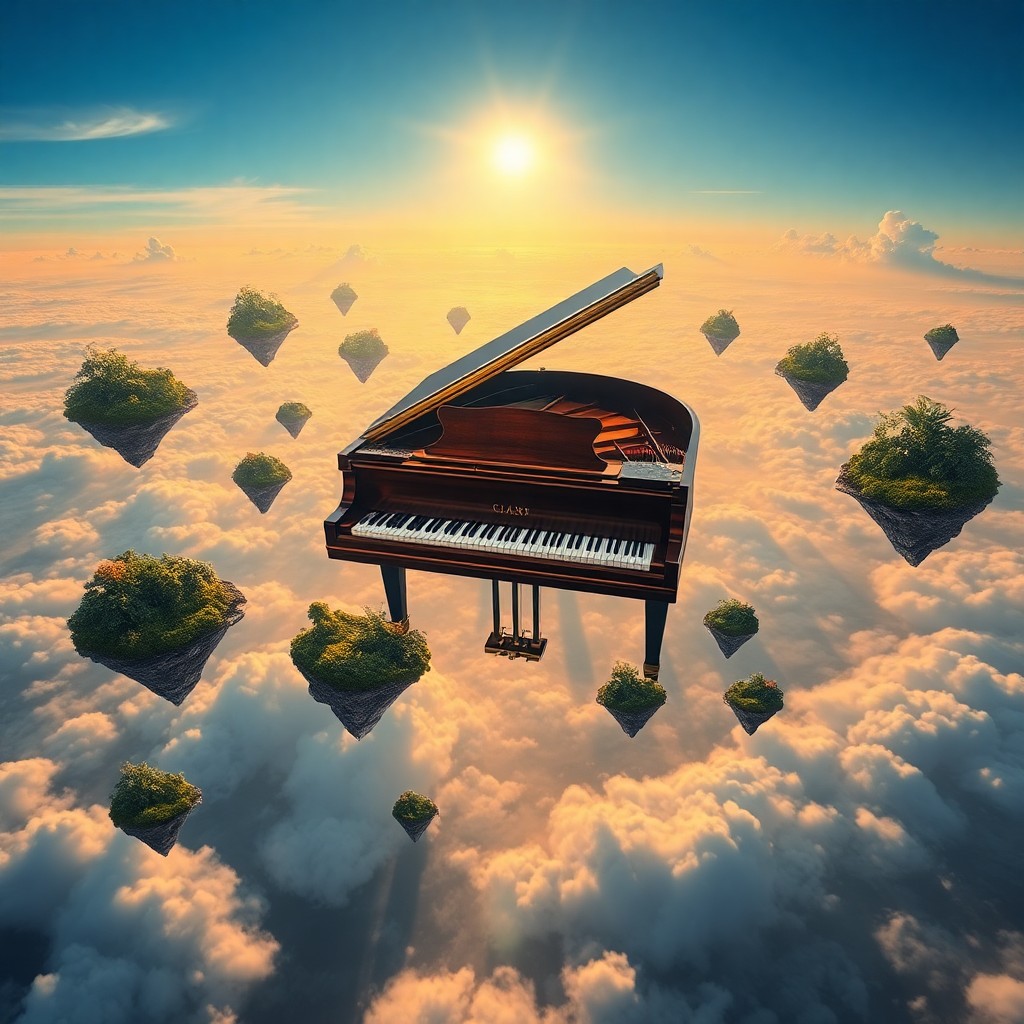 AI generated art for prompt: A dreamlike landscape unfolds, reminiscent of surrealistic masterpieces, depicting a grand piano sus