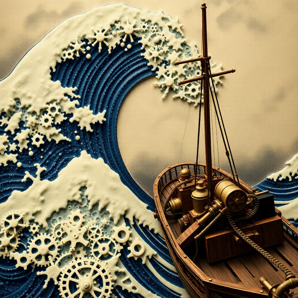 AI generated art for prompt: Craft an image reminiscent of Hokusai's iconic "The Great Wave off Kanagawa," reimagined with steamp