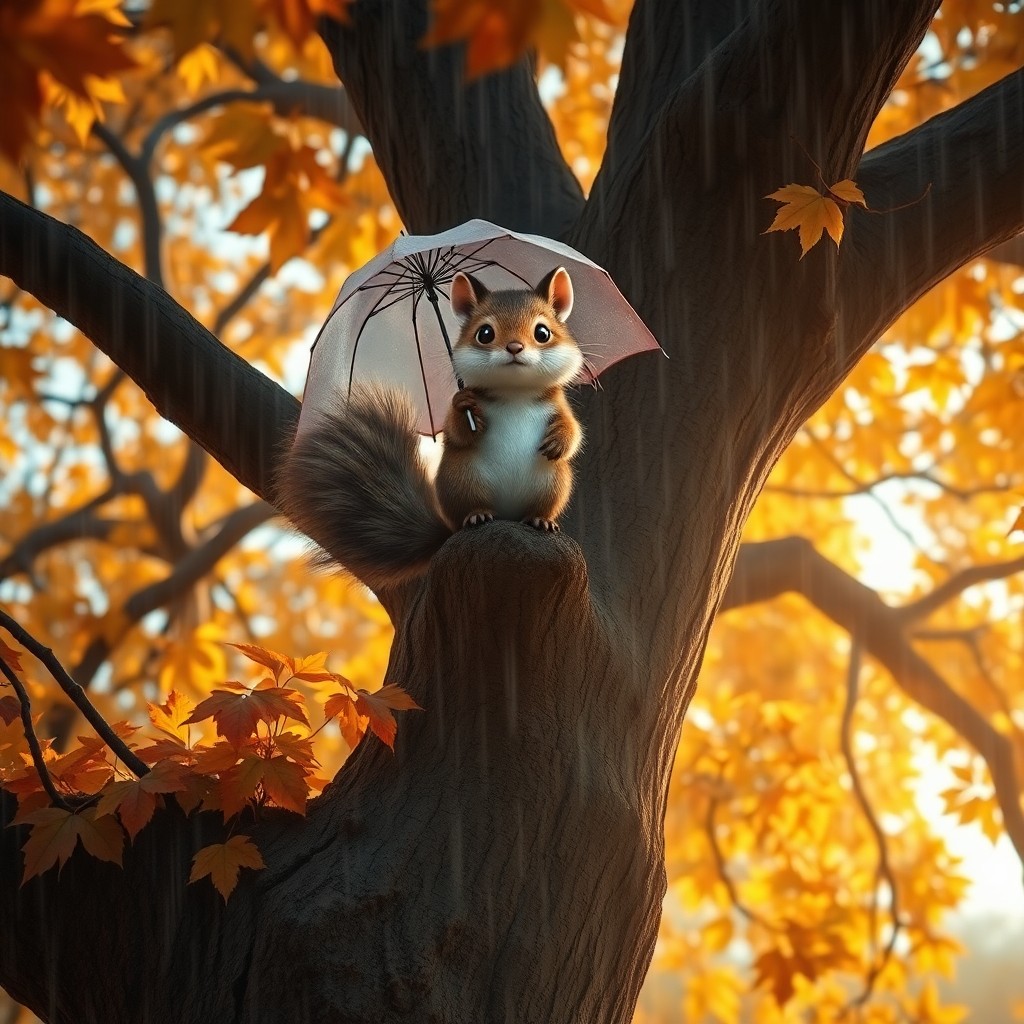 AI generated art for prompt: A whimsical portrait captures a playful woodland creature perched atop an ancient oak tree, surround