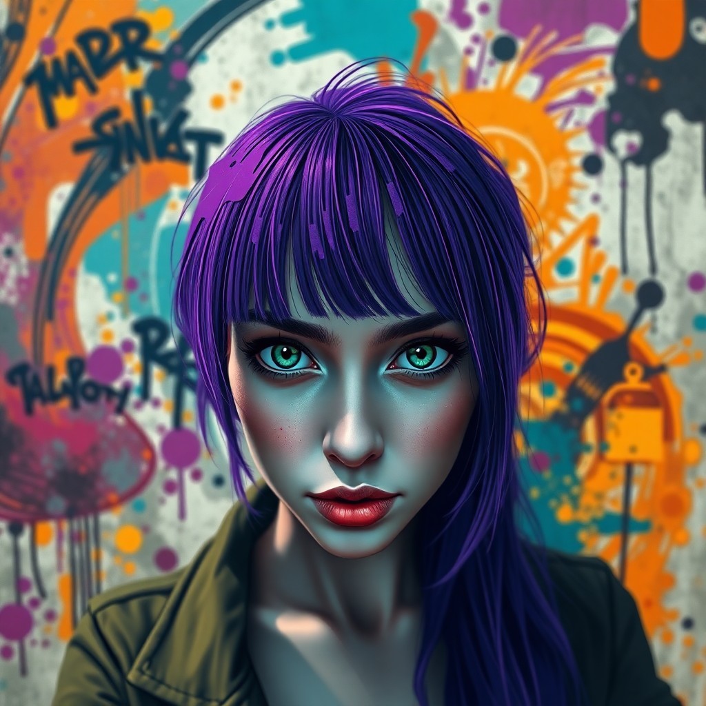 AI generated art for prompt: A digital art portrait from a first-person perspective showcases an enigmatic woman with vibrant pur