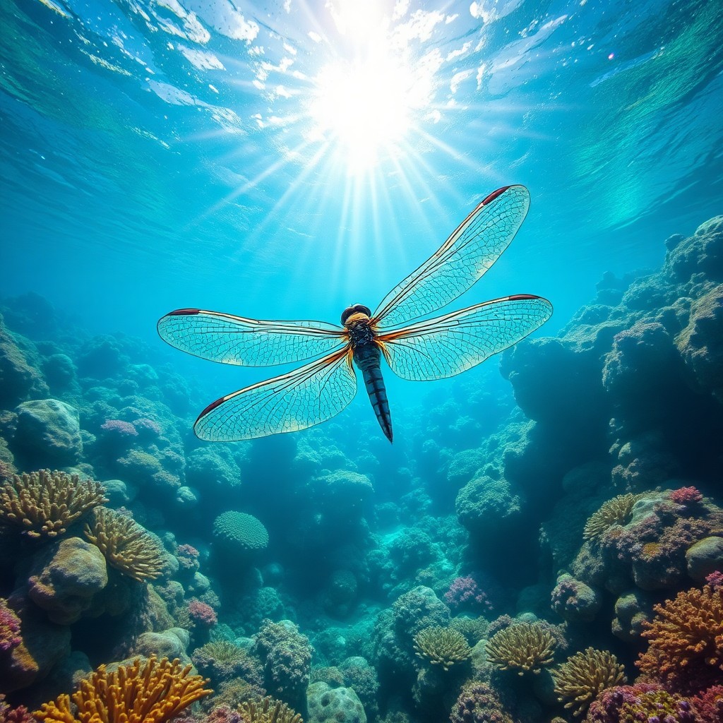 AI generated art for prompt: Imagine an enchanting underwater world where a majestic dragonfly glides gracefully through azure wa