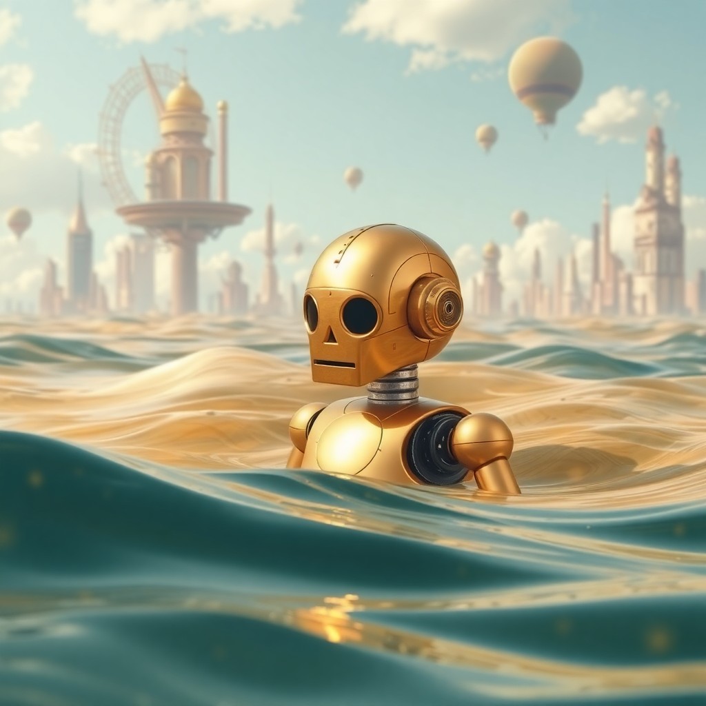 AI generated art for prompt: Create an image that captures surrealism, featuring a brass robot emerging from a sea of dreamlike w