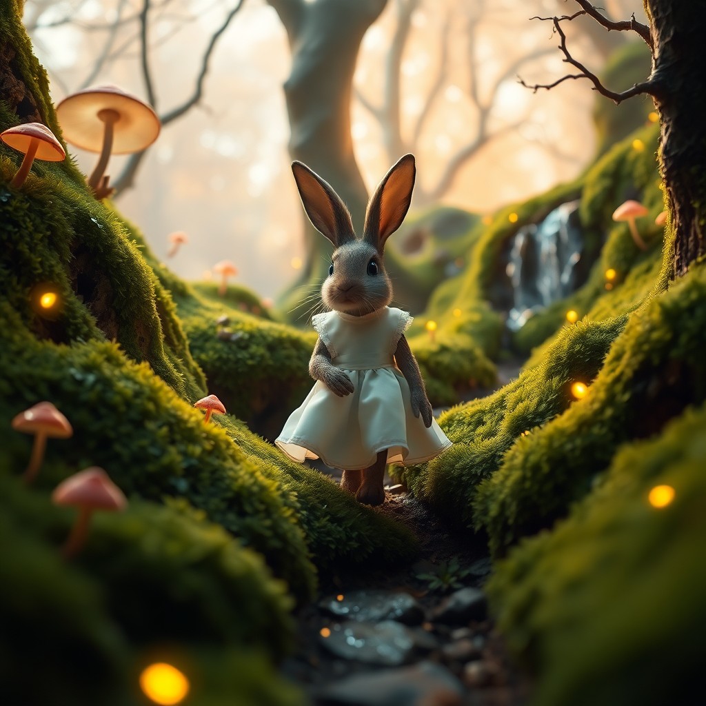 AI generated art for prompt: A whimsical fairy tale unfolds in a dreamy landscape where an enchanting anthropomorphic rabbit, dre