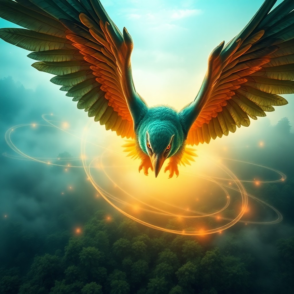 AI generated art for prompt: A captivating digital artwork showcases an awe-inspiring griffin soaring above a verdant, foggy fore