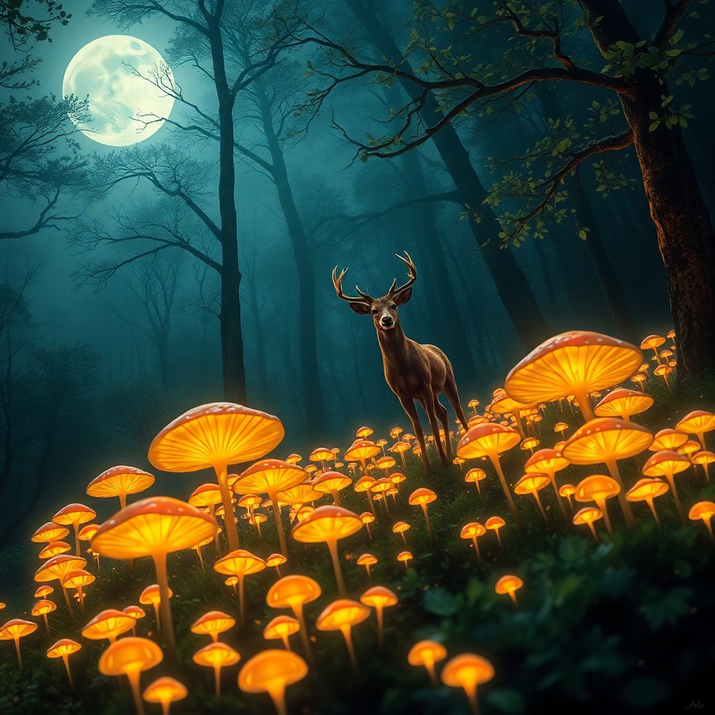 AI generated art for prompt: A breathtaking digital masterpiece portrays an enchanting moonlit evening in a serene woodland glade