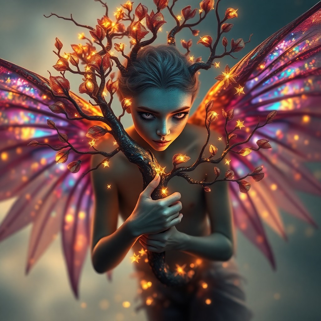 AI generated art for prompt: A mesmerizing portrait showcases an enigmatic, ethereal being with iridescent wings embracing a cele