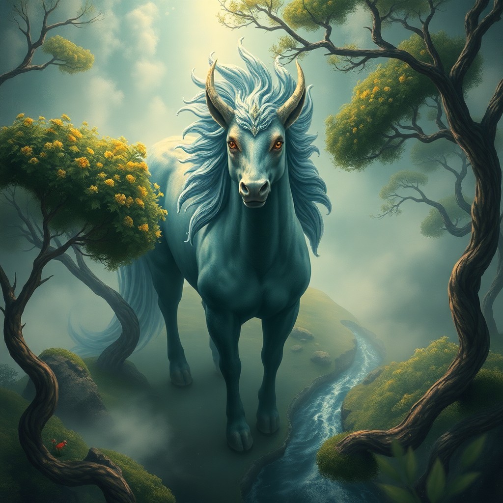 AI generated art for prompt: Visualize an enchanting and surreal landscape where a magnificent mythical creature stands in a tran