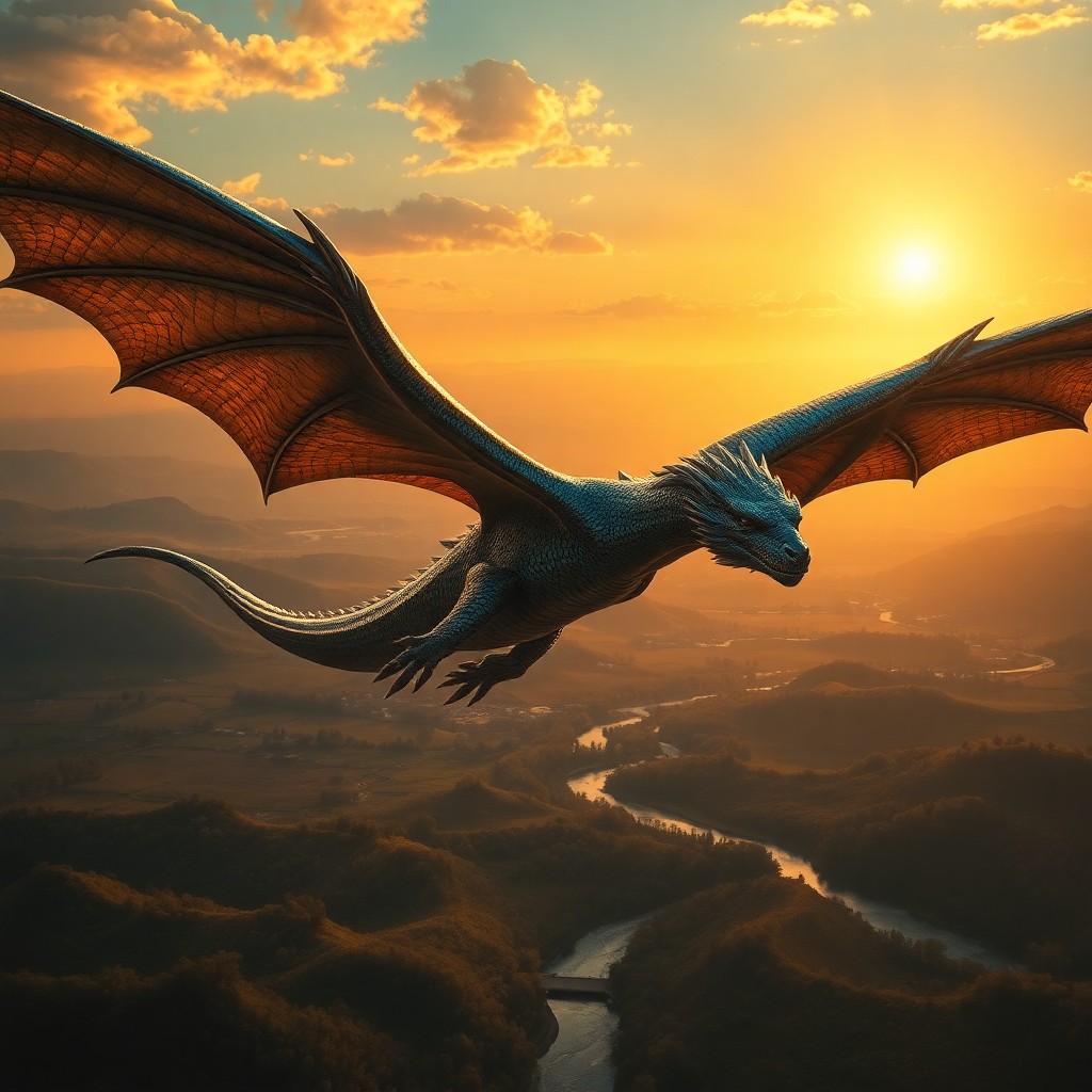 AI generated art for prompt: A majestic dragon soars through a serene sunset sky in the style of classical oil painting, with dra