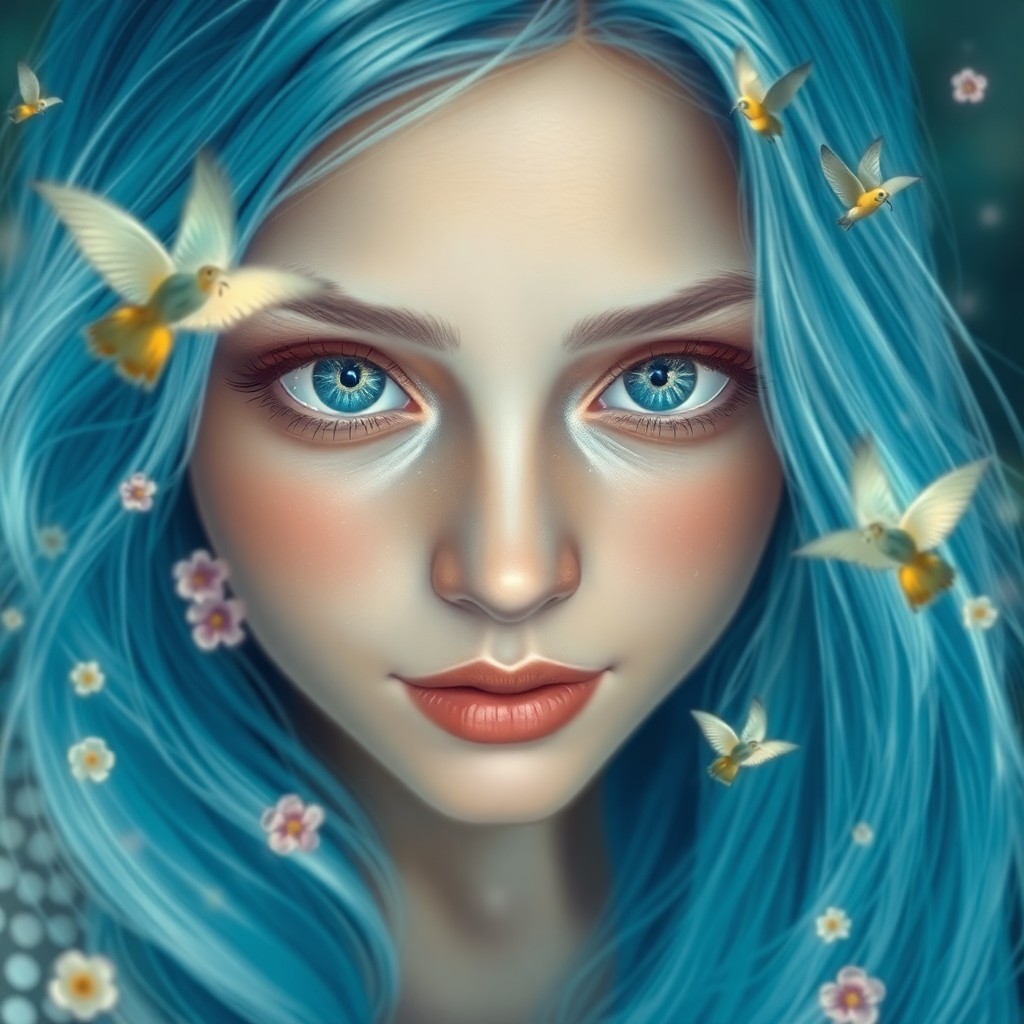 AI generated art for prompt: A mesmerizing portrait depicts a young woman with flowing azure locks evoking the dreamy brushstroke