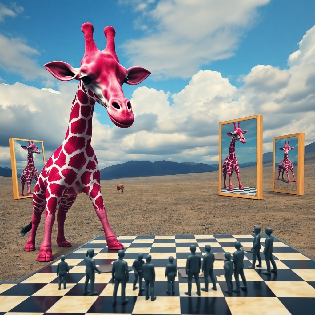 AI generated art for prompt: A whimsical dreamscape featuring an oversized pink giraffe with exaggerated features standing on its