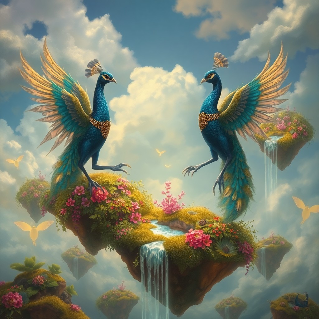 AI generated art for prompt: Visualize an enchanting dreamscape where gravity-defying creatures reminiscent of majestic peacocks 