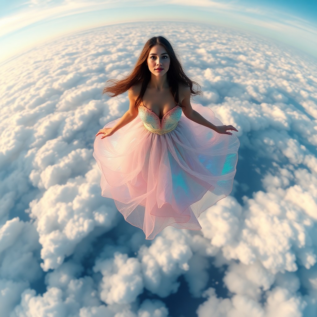 AI generated art for prompt: A surreal digital artwork depicts a woman gracefully floating above clouds in an expansive sky, view