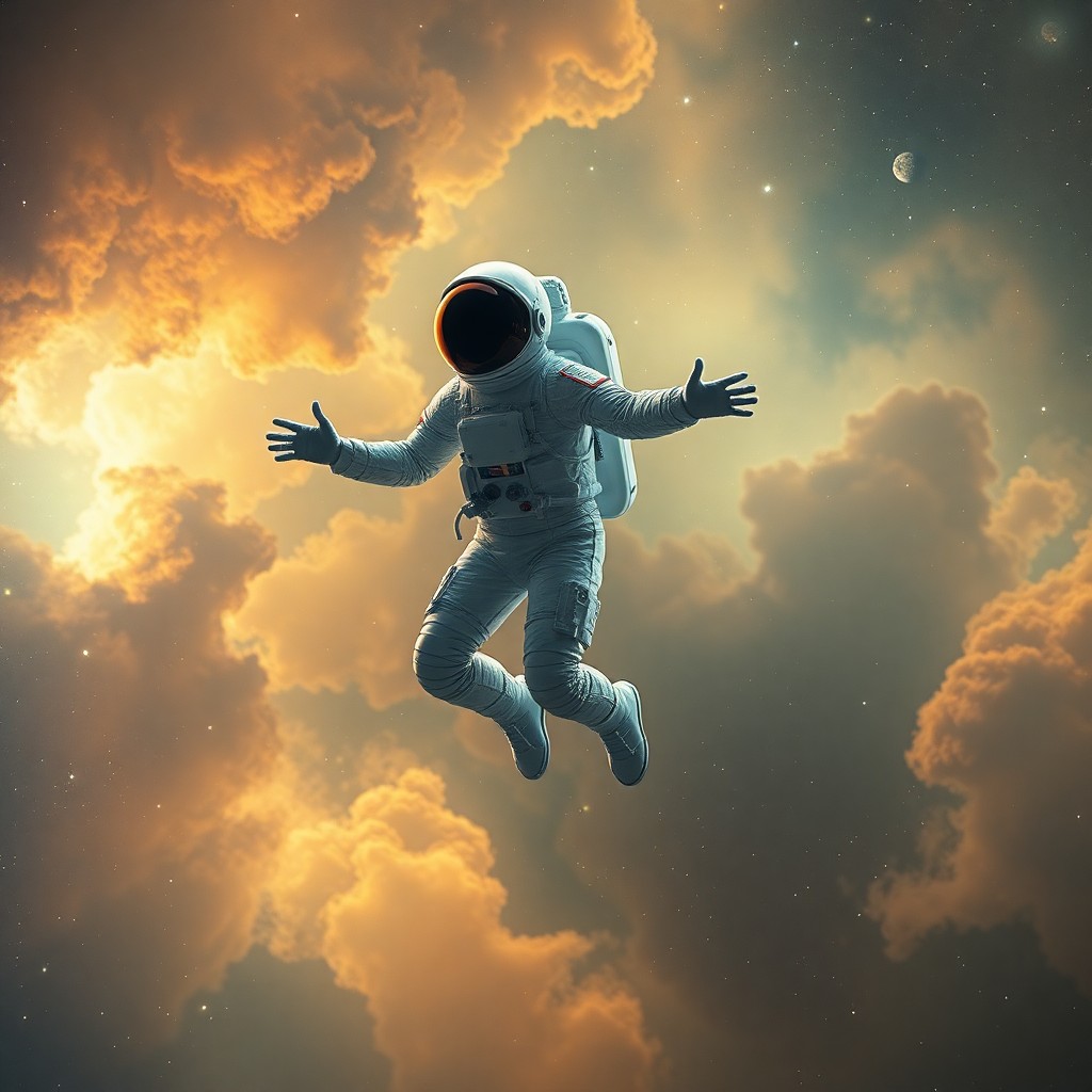 AI generated art for prompt: A surreal digital art scene portrays an ethereal astronaut levitating gracefully within a kaleidosco