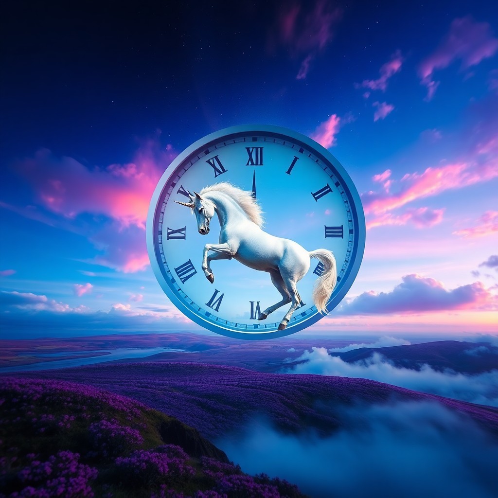 AI generated art for prompt: A dreamlike landscape infused with surreal elements, this image portrays a majestic unicorn graceful