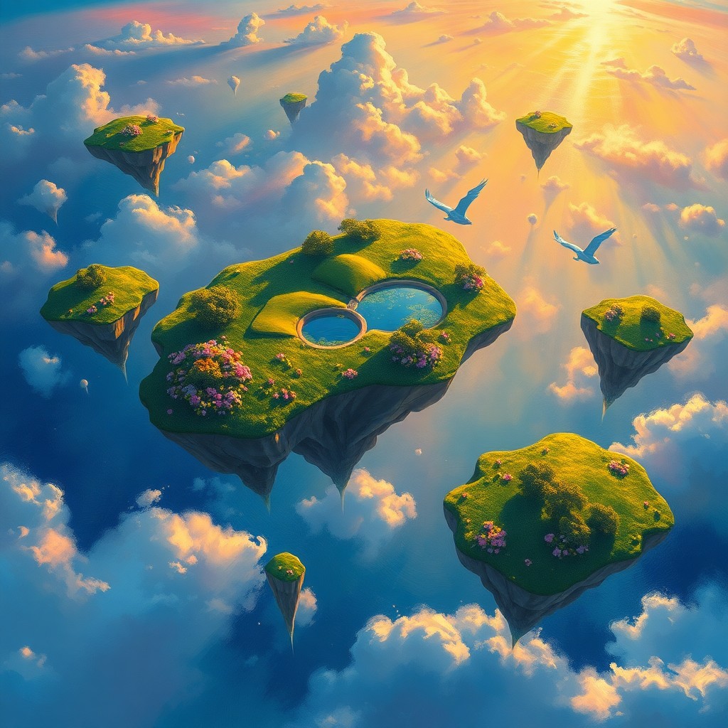 AI generated art for prompt: A surreal dreamscape featuring an aerial perspective of floating islands in the sky, painted with vi